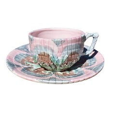 Pink Etruscan Majolica Shell and Seaweed Ceramic Teacup and Saucer Set of 2