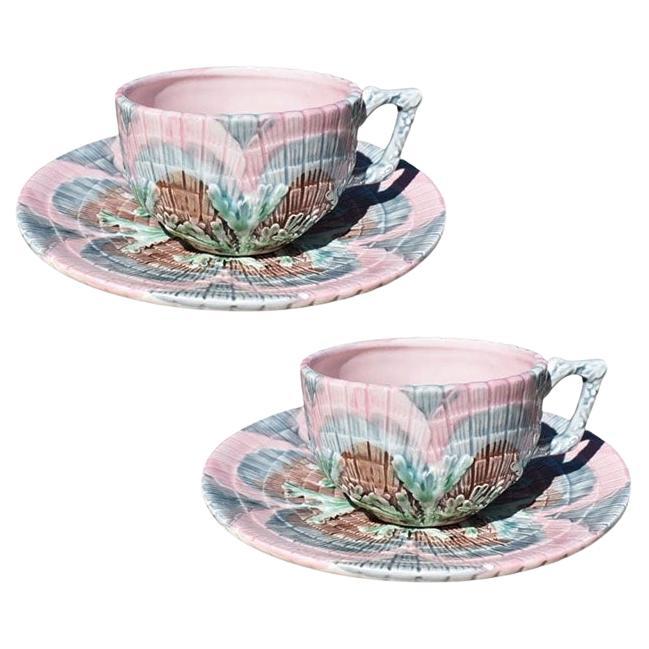 Pink Etruscan Majolica Shell and Seaweed Ceramic Teacup and Saucer Set of 2