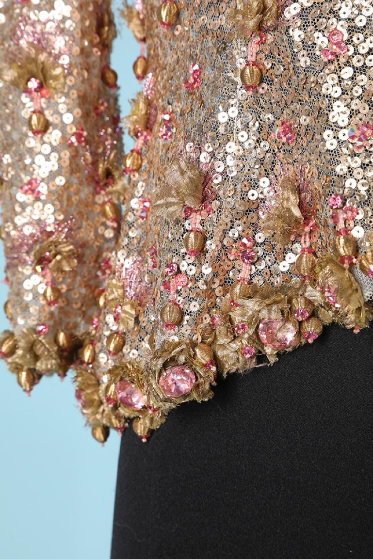 Pink evening jacket beaded with rhinestone and sequin on a tulle base Circa 1960 In Good Condition In Saint-Ouen-Sur-Seine, FR