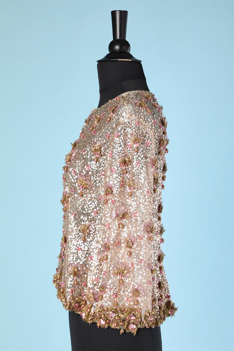Women's Pink evening jacket beaded with rhinestone and sequin on a tulle base Circa 1960
