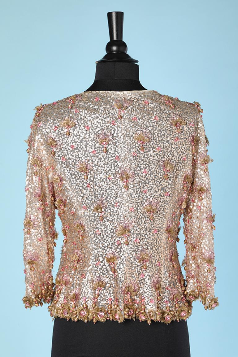 Pink evening jacket beaded with rhinestone and sequin on a tulle base Circa 1960 1