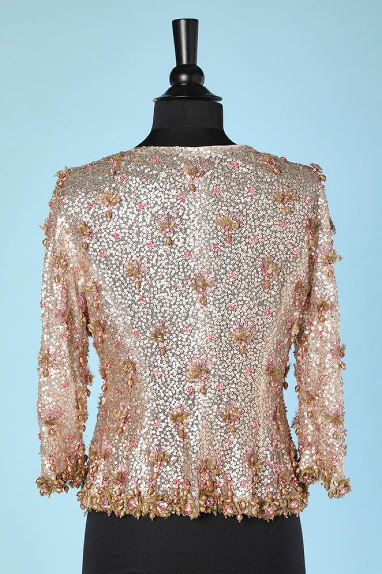 Pink evening jacket beaded with rhinestone and sequin on a tulle base