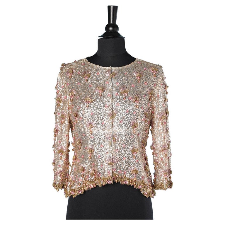 Pink evening jacket beaded with rhinestone and sequin on a tulle base