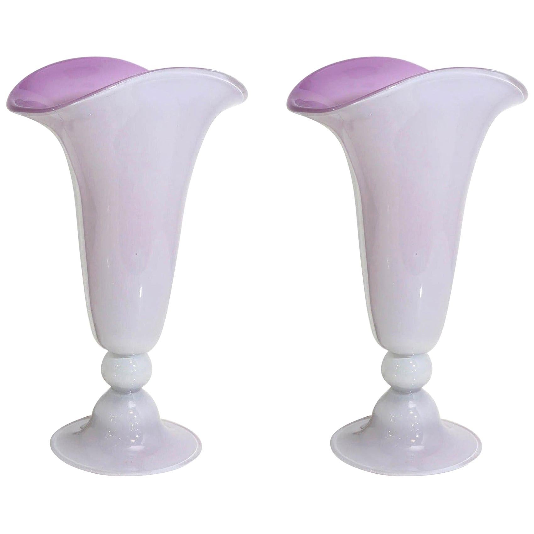 Pink Exterior & Violet Interior Murano Blown Glass Floral Form Table Lamps, Pair For Sale