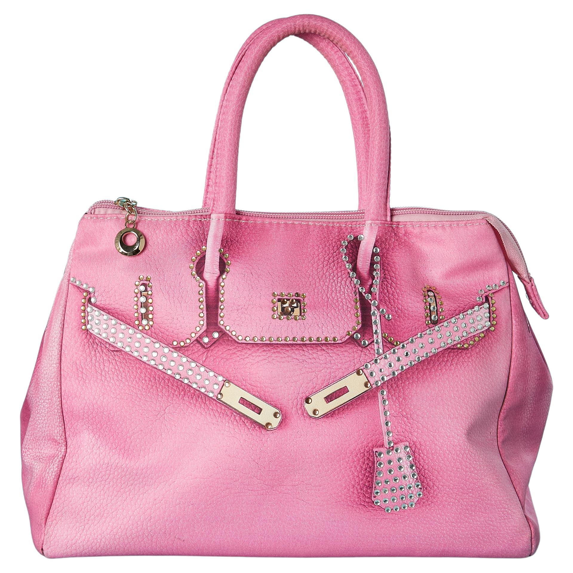 Pink fabric top handle bag with "trompe l'oeil" print and rhinestone Moschino 