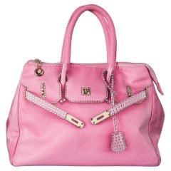 Pink fabric top handle bag with "trompe l'oeil" print and rhinestone Moschino