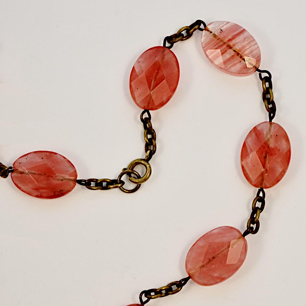 Women's or Men's Pink Faceted Gemstone Necklace with a Gold Plated Large Brass Bee For Sale