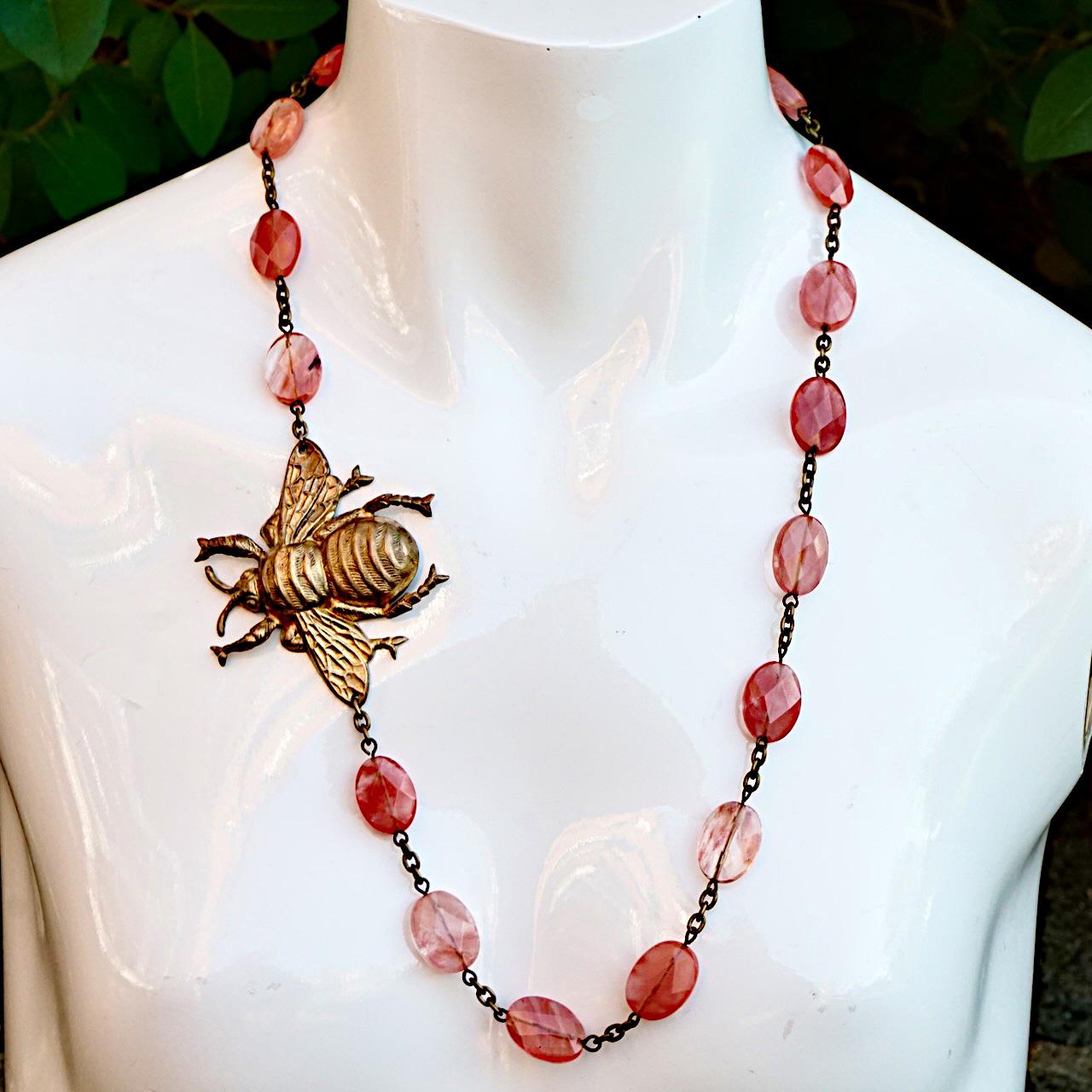 Pink Faceted Gemstone Necklace with a Gold Plated Large Brass Bee For Sale 2