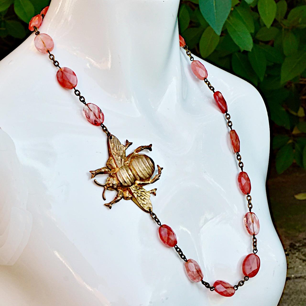 Pink Faceted Gemstone Necklace with a Gold Plated Large Brass Bee For Sale 3