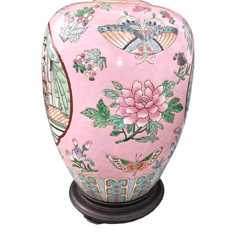 Pink Famille Rose Chinoiserie Asian Ceramic Ginger Jar Lamp Shade Qing Export For Sale at