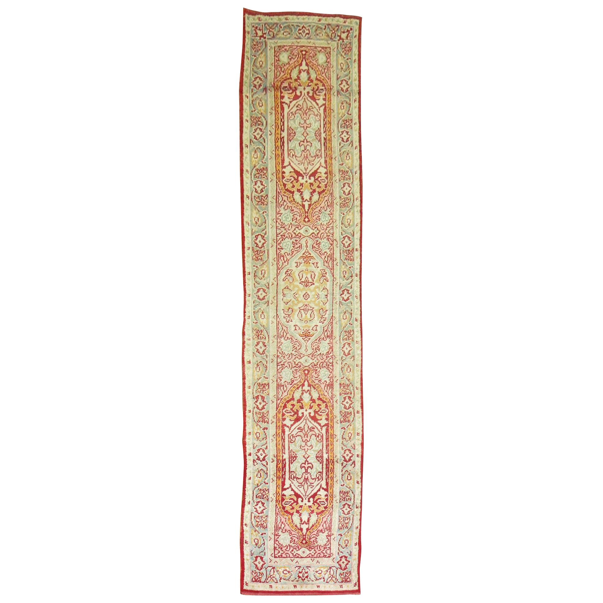 Pink Field Red Green Accent Formal Full Pile Antique Turkish Oushak Runner For Sale