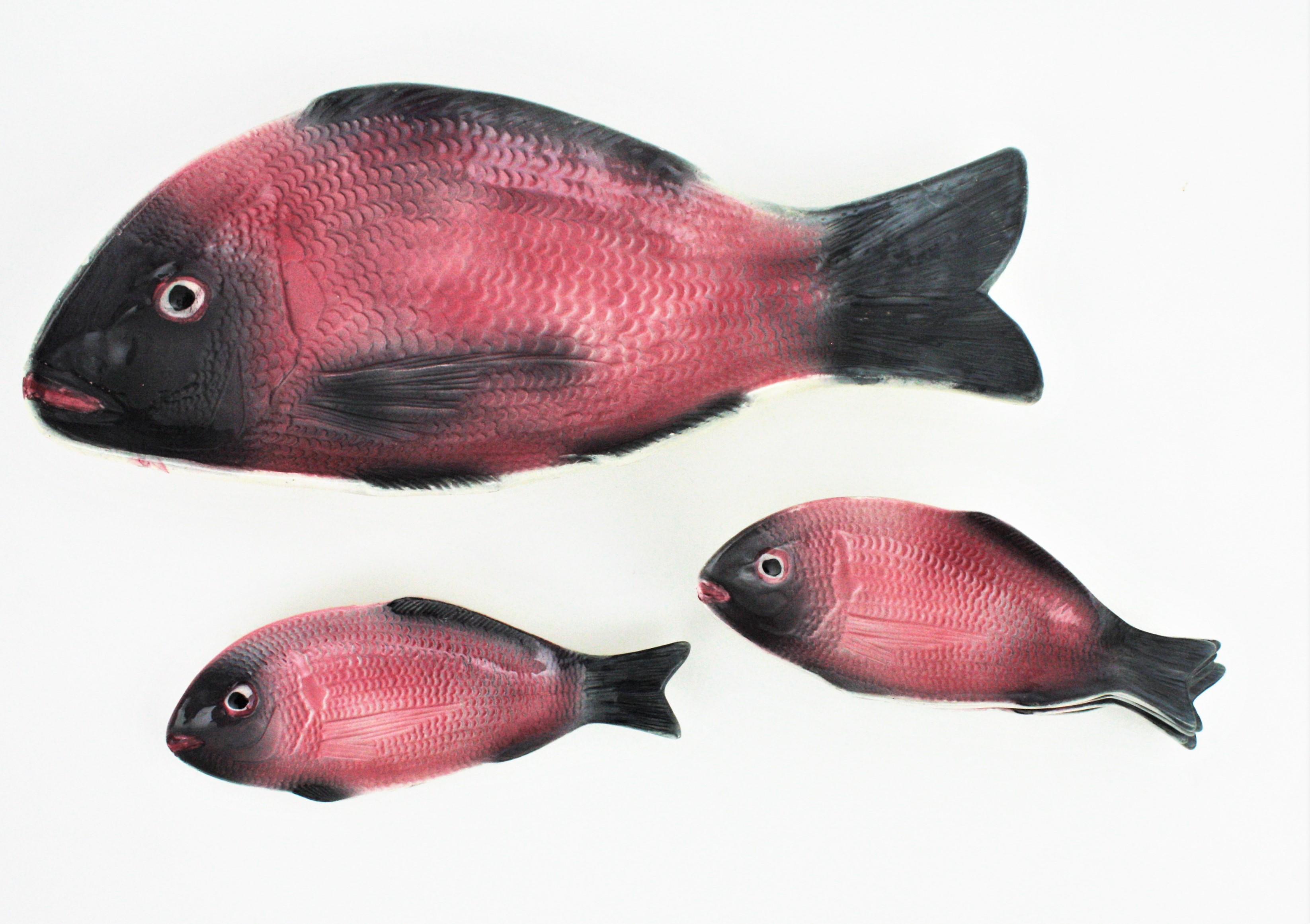 Majolica Pink Fish Glazed Ceramic Dishes and Platter Serving Set