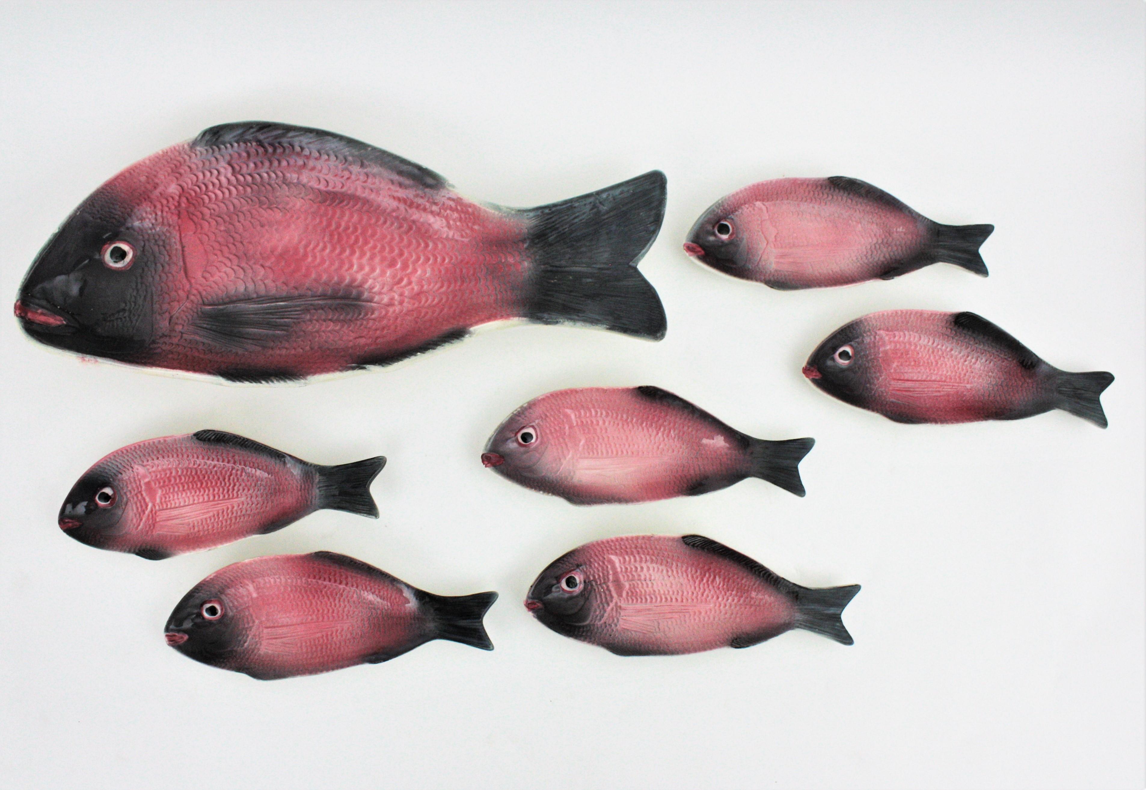 Pink Fish Glazed Ceramic Dishes and Platter Serving Set 1