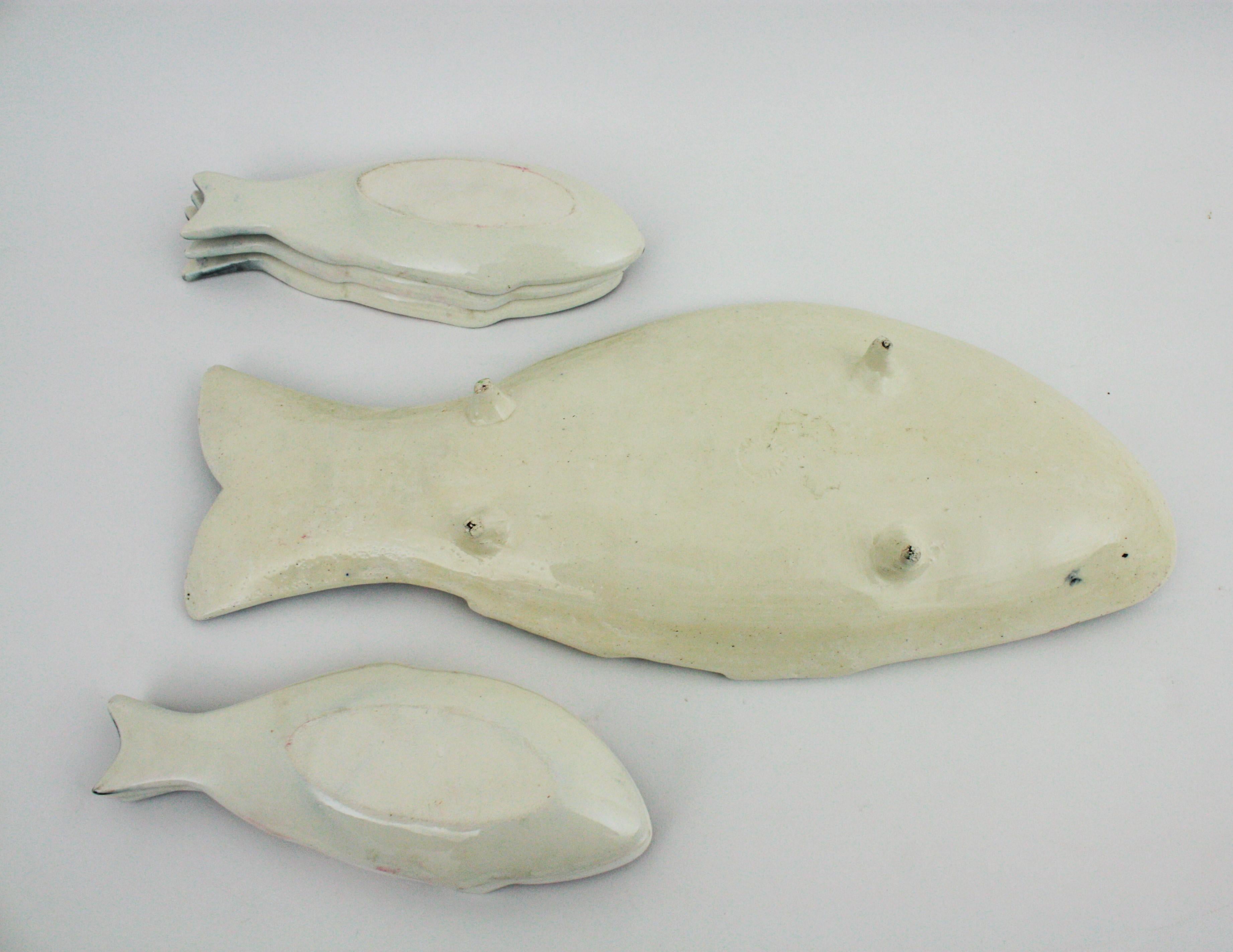 Pink Fish Glazed Ceramic Dishes and Platter Serving Set 2