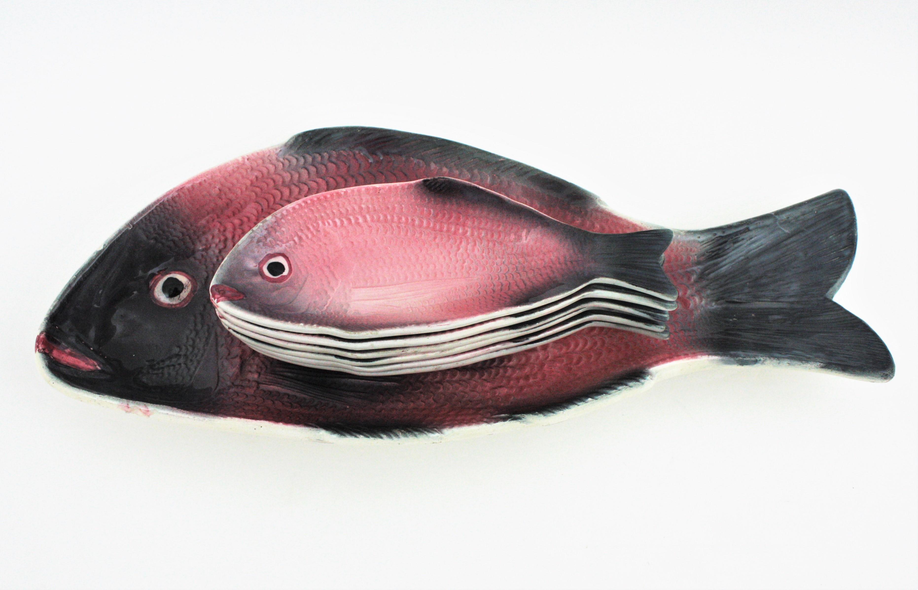 Mid-Century Modern Pink Fish Glazed Ceramic Dishes and Platter Serving Set