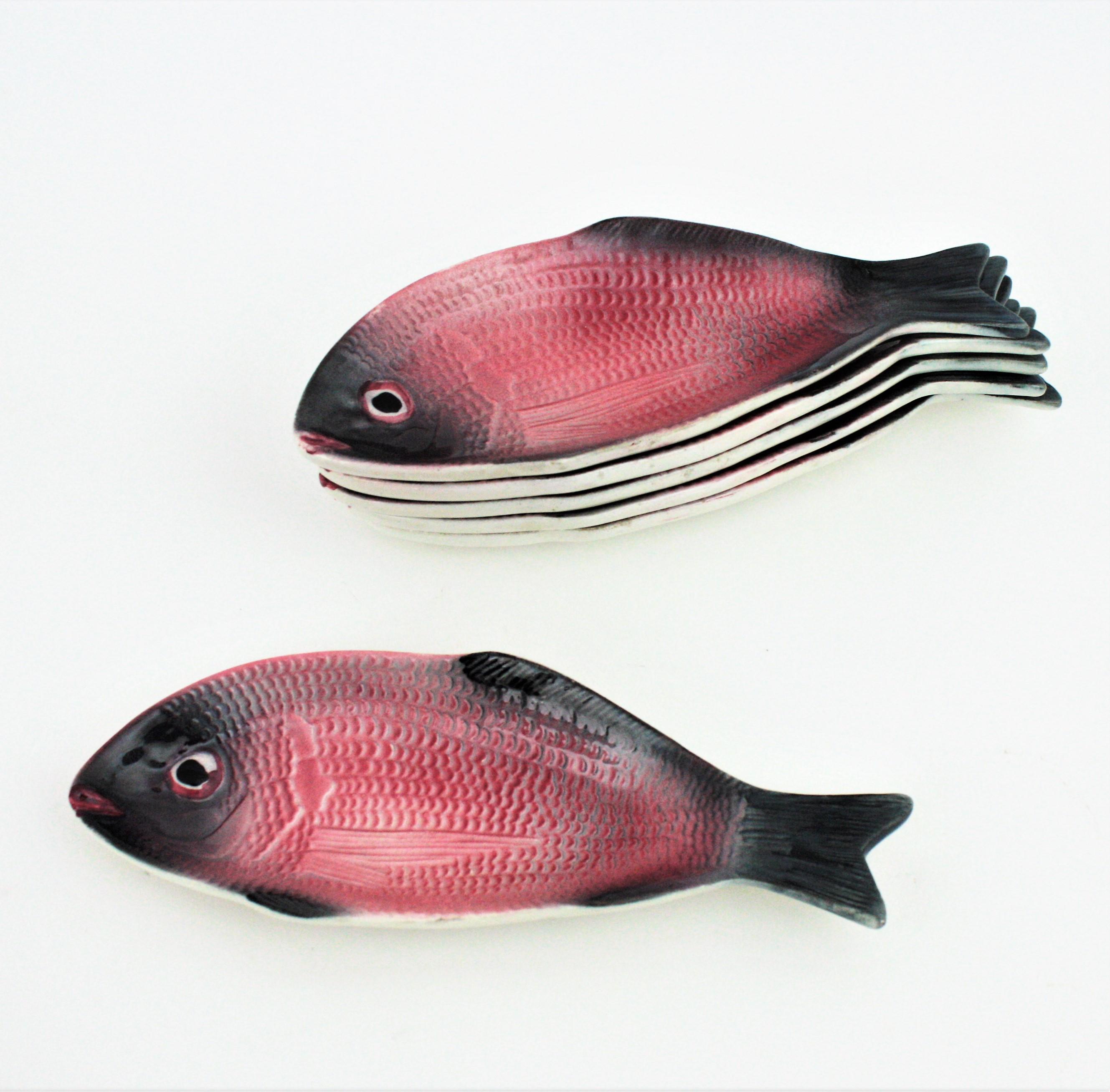 20th Century Pink Fish Glazed Ceramic Dishes and Platter Serving Set