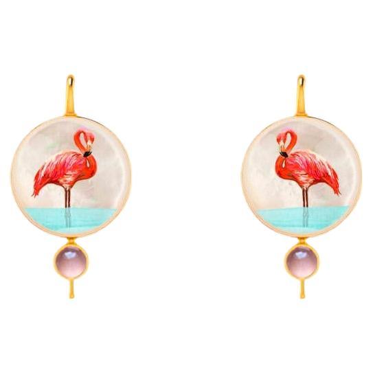 Pink flamingo earrings with quartz and Mother of pearl