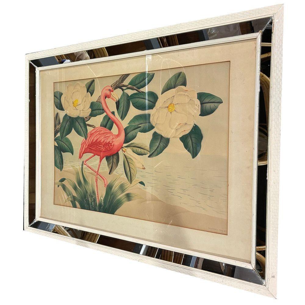 Pittura originale su carta con acquerello di fenicotteri rosa degli anni '40 firmata da Shirrell Graves. Il dipinto presenta la cornice originale in legno bianco con bordo a specchio, la stessa che Wood Wood scelse per la maggior parte dei suoi