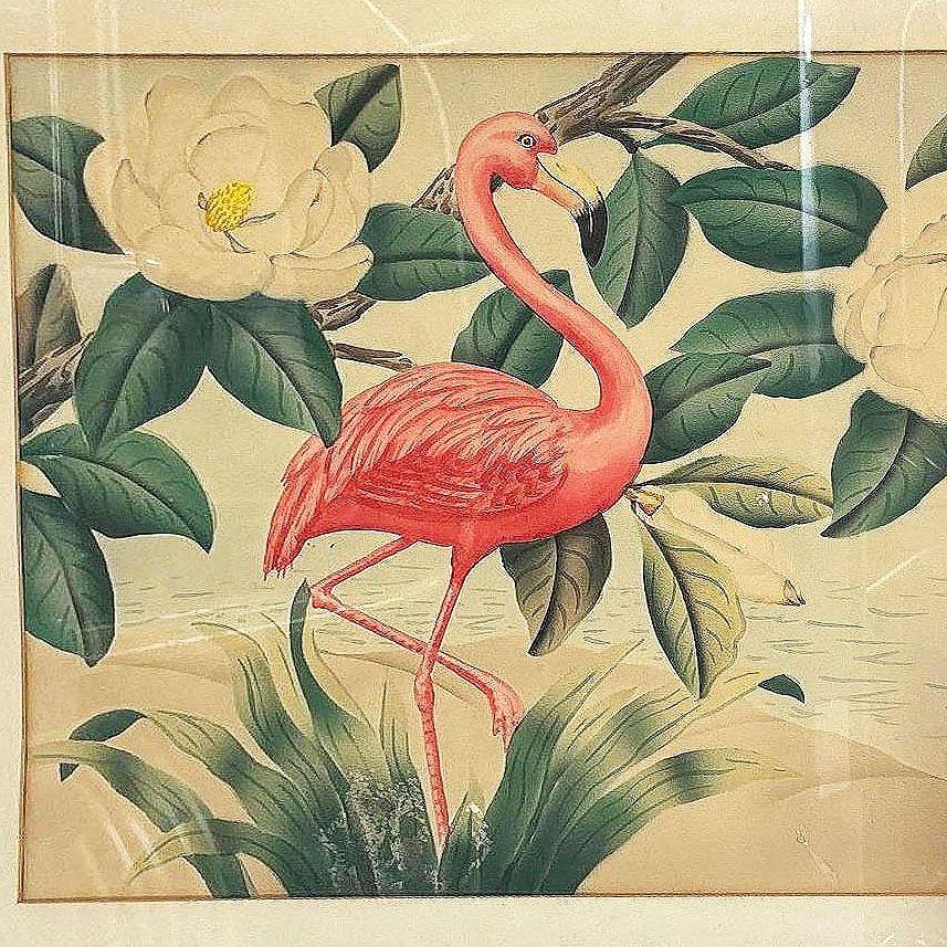Mid-Century moderno Fenicottero rosa Acquerello su carta firmato da Shirrell Graves, incorniciato in vendita