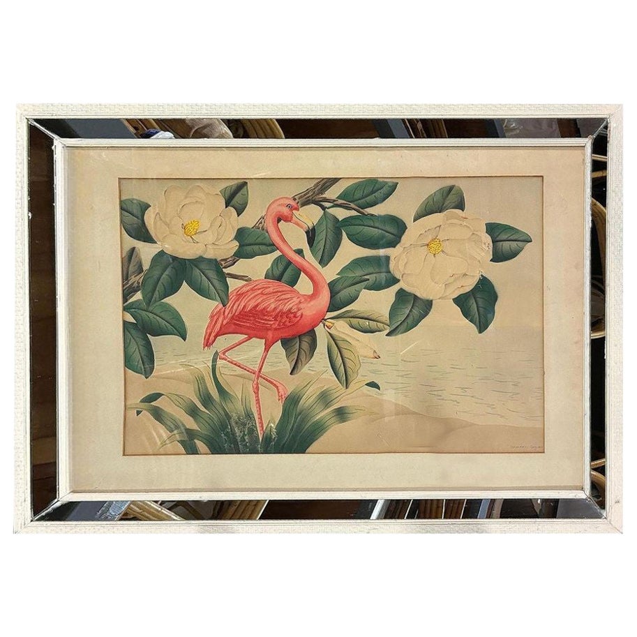 Rosa Flamingo-Aquarellgemälde auf Papier, signiert von Shirrell Graves, gerahmt
