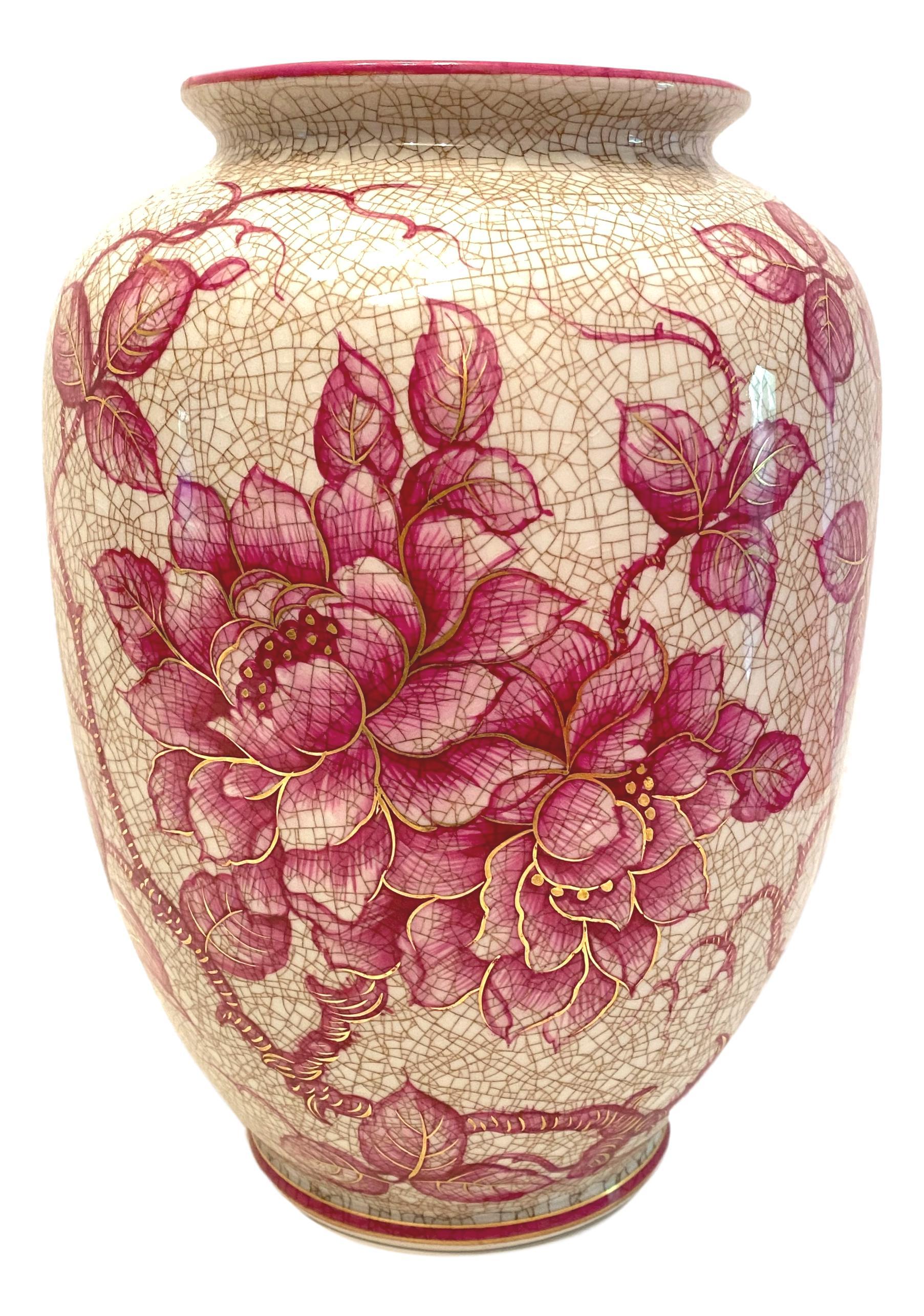 Mid-Century Modern Pink Floral Ceramic Vase by Schaubach, Germany, 1930s