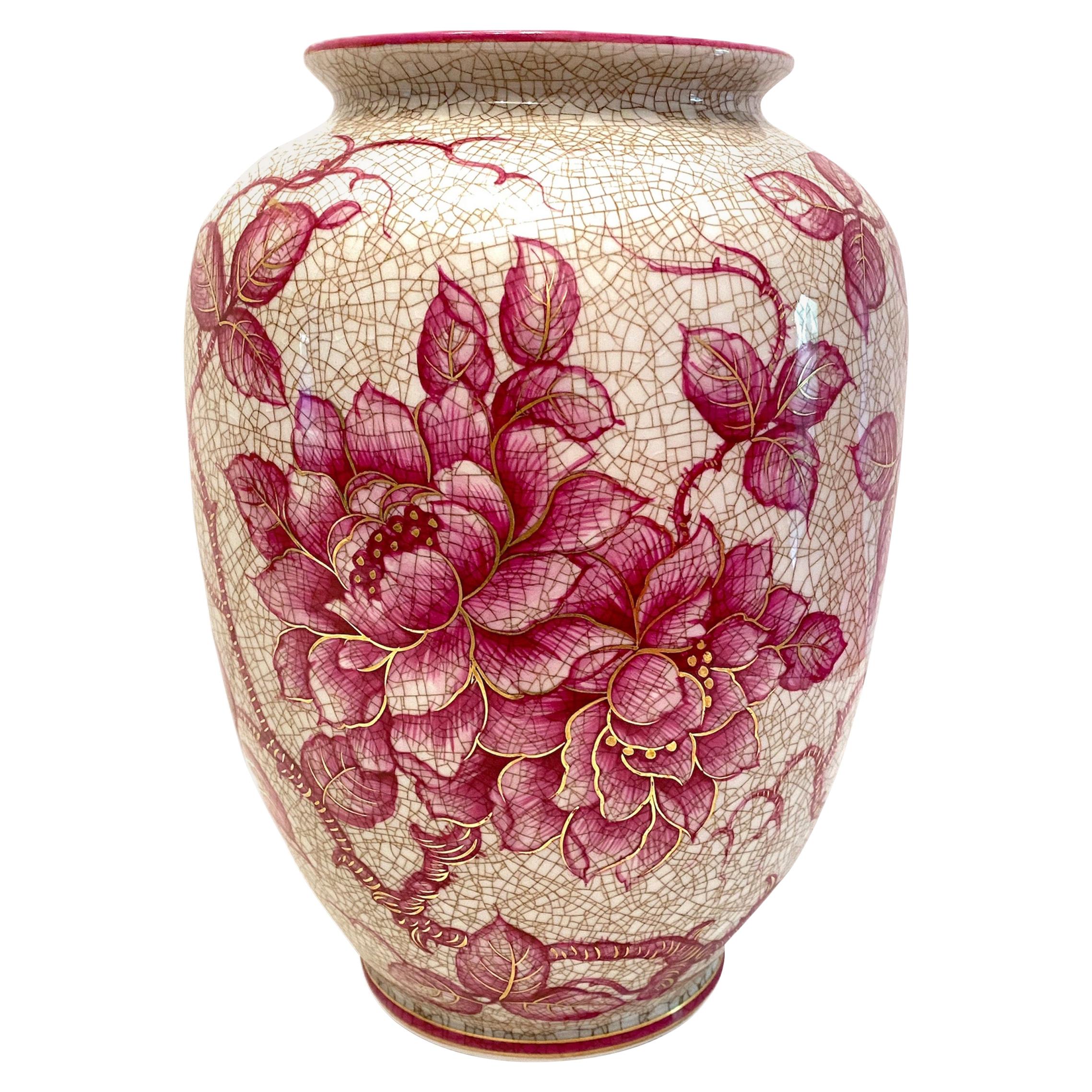 Pink Floral Ceramic Vase by Schaubach, Germany, 1930s