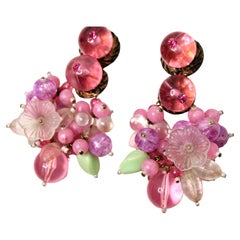 Pink Floral Cluster Beaded Drop Clip-On Earrings circa 1980s