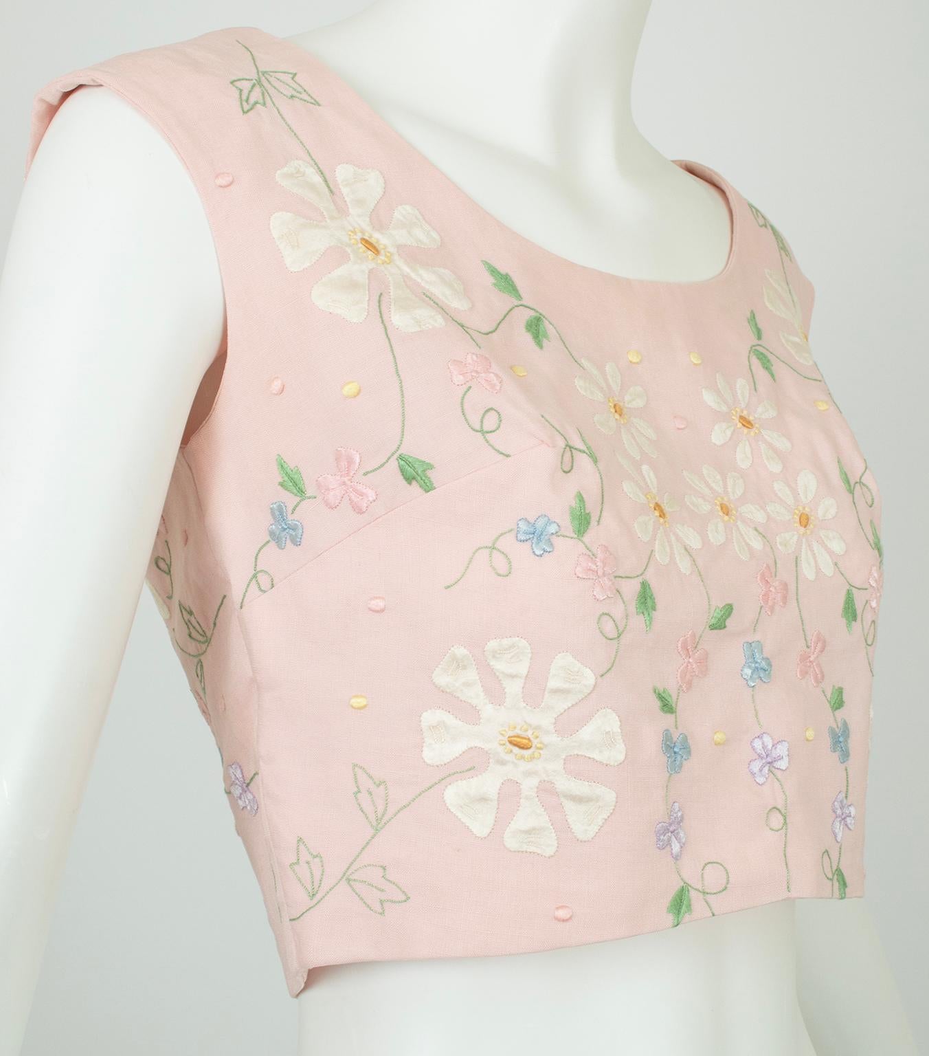 A feminine piece of heaven, this ultra-cropped linen top is bursting with ladylike details such as silk appliqué flowers, embroidered vines and pastel dots. Perfect for a summer on the Riviera from Tucson’s once-famed “Paris on the Desert,” the