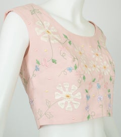 Pink Floral Embroidered and Appliquéd Sleeveless Linen Half Crop Top – XS, 1950s
