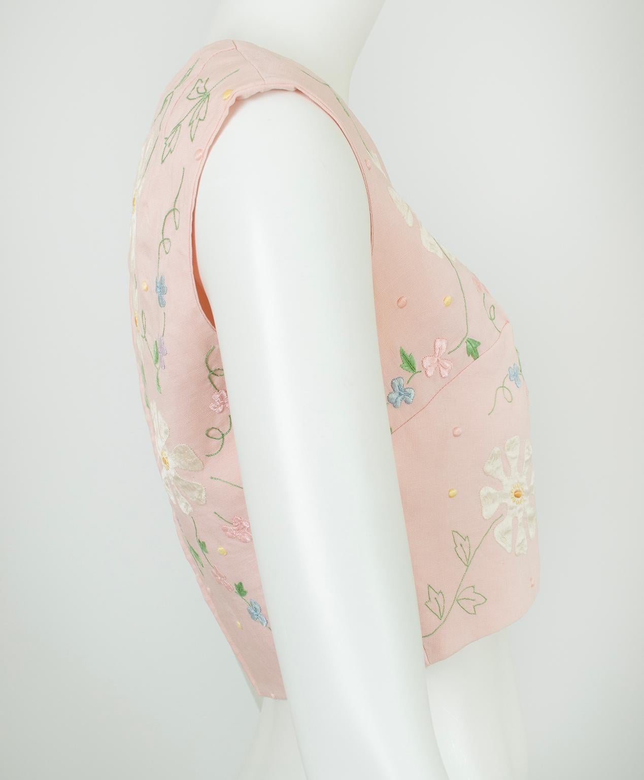 Pink Floral Embroidered and Appliquéd Sleeveless Linen Half Crop Top – XS, 1950s In Excellent Condition For Sale In Tucson, AZ