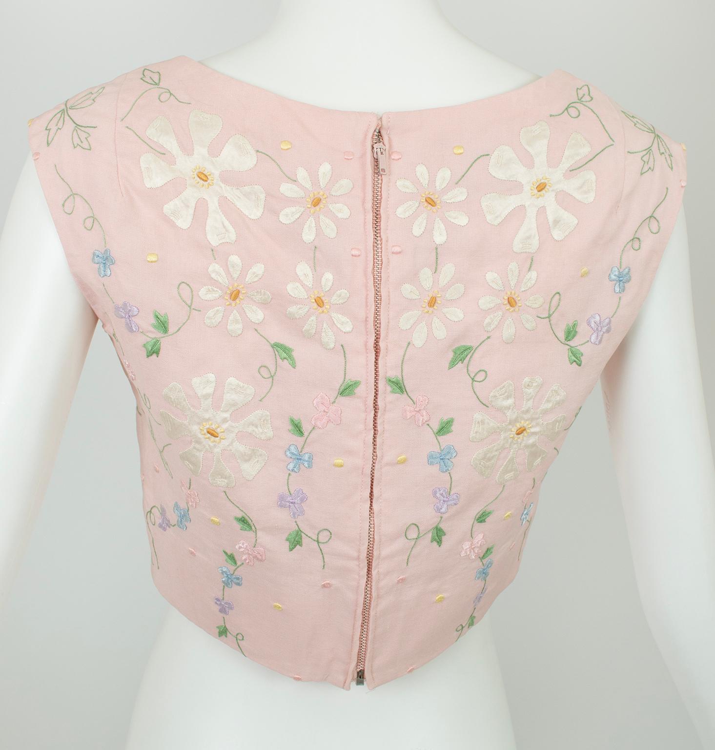 Women's Pink Floral Embroidered and Appliquéd Sleeveless Linen Half Crop Top – XS, 1950s For Sale