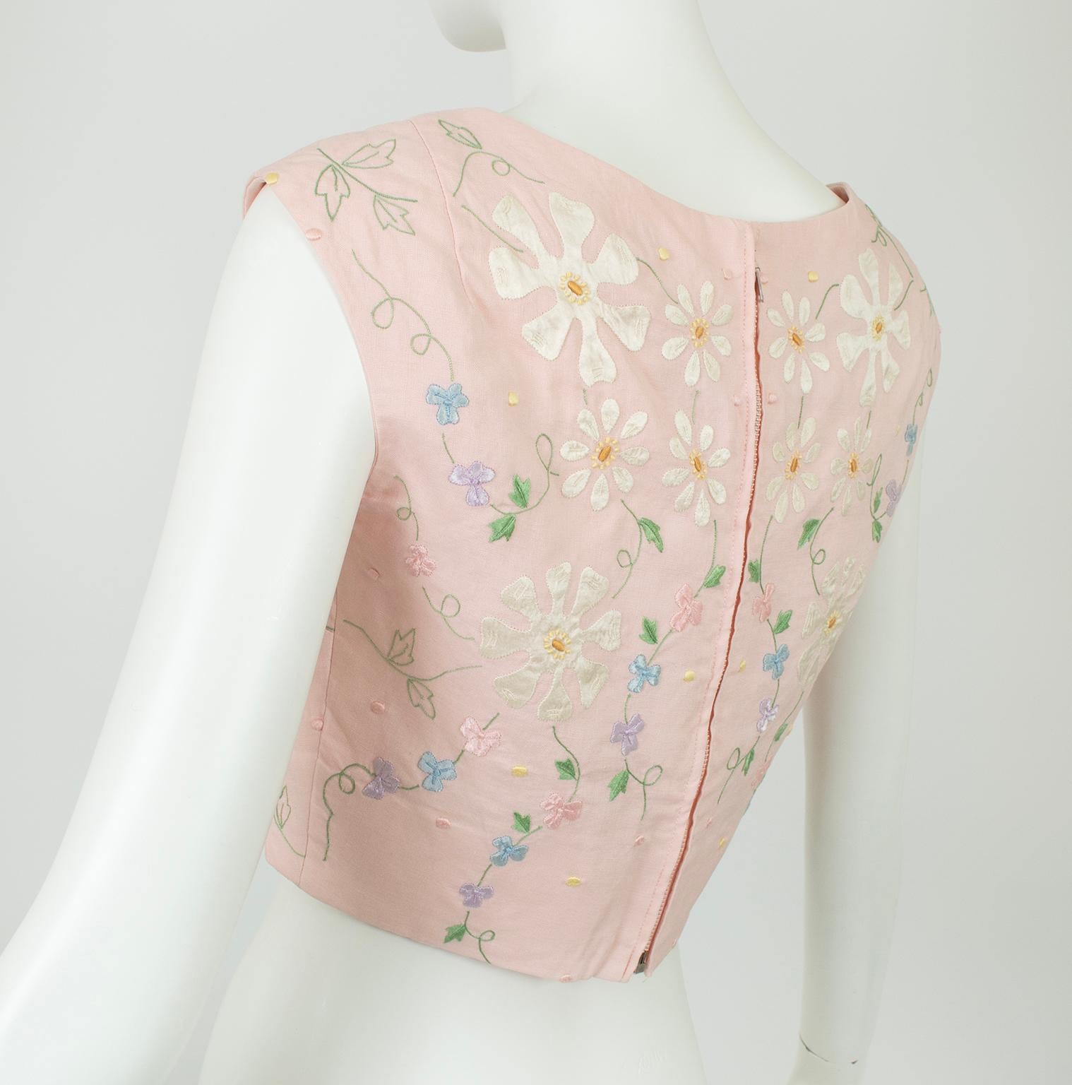 Pink Floral Embroidered and Appliquéd Sleeveless Linen Half Crop Top – XS, 1950s For Sale 1