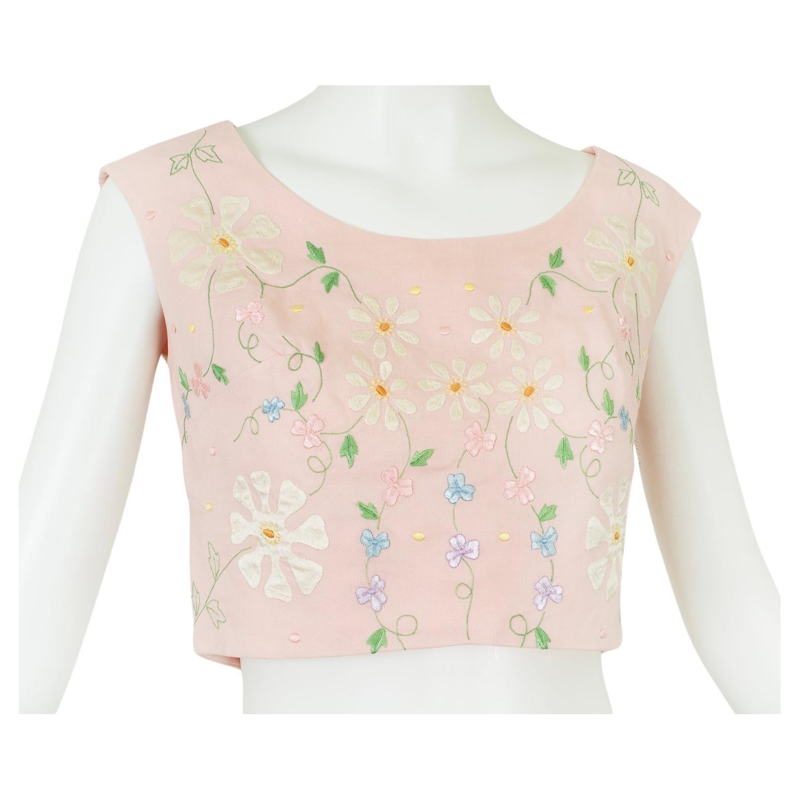 Pink Floral Embroidered and Appliquéd Sleeveless Linen Half Crop Top – XS, 1950s For Sale