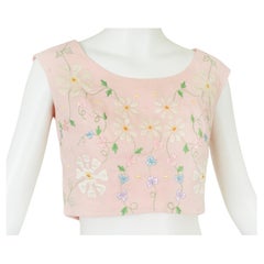 Retro Pink Floral Embroidered and Appliquéd Sleeveless Linen Half Crop Top – XS, 1950s