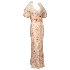 Pink Floral Mermaid Tea Gown and Hollow Glass Button Jacket - Small, 1930s