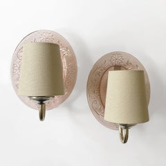 1940's Pink Floral Motif Glass Wall Sconces with Linen Shades - Newly Rewired