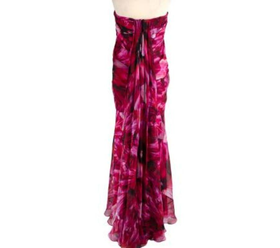 Alexander pink floral silk chiffon draped bustier gown
 
 - Draped, feather-weight silk chiffon with a rich floral print in pink hues
 - Internal boned bodice, with bust cups 
 - Strapless, sweetheart neckline with fabric falling in gentle pleats 

