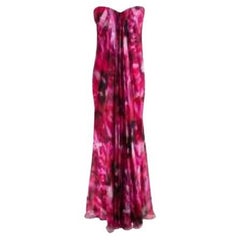 Pink floral silk chiffon draped bustier gown