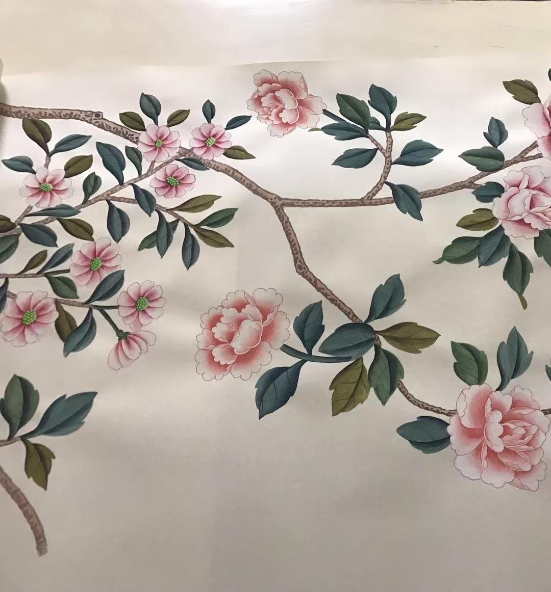 Chinese Pink Floral Wallpaper Hand Painted Wallpaper on White Silk / Roll For Sale