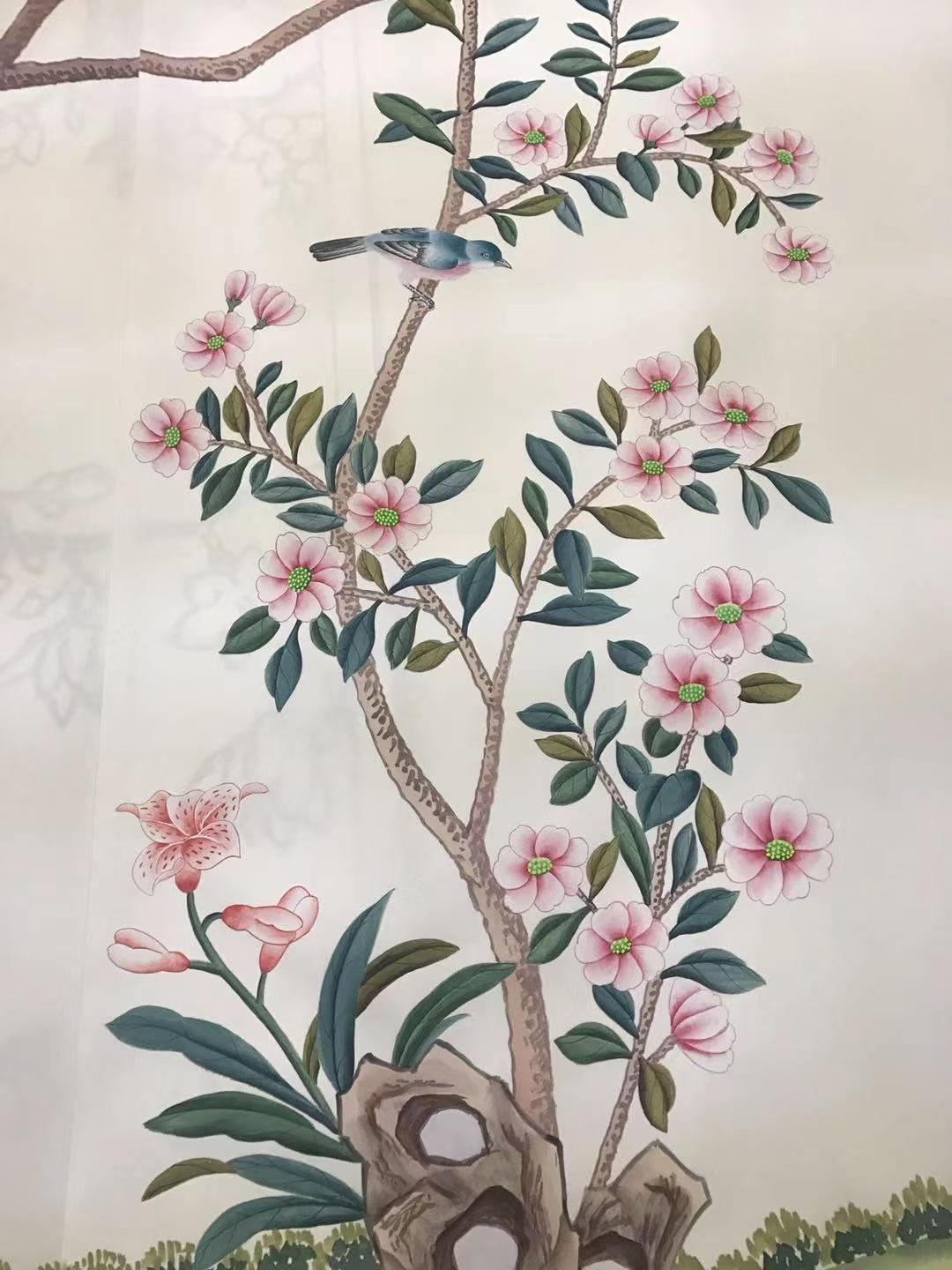 Hand-Painted Pink Floral Wallpaper Hand Painted Wallpaper on White Silk / Roll For Sale