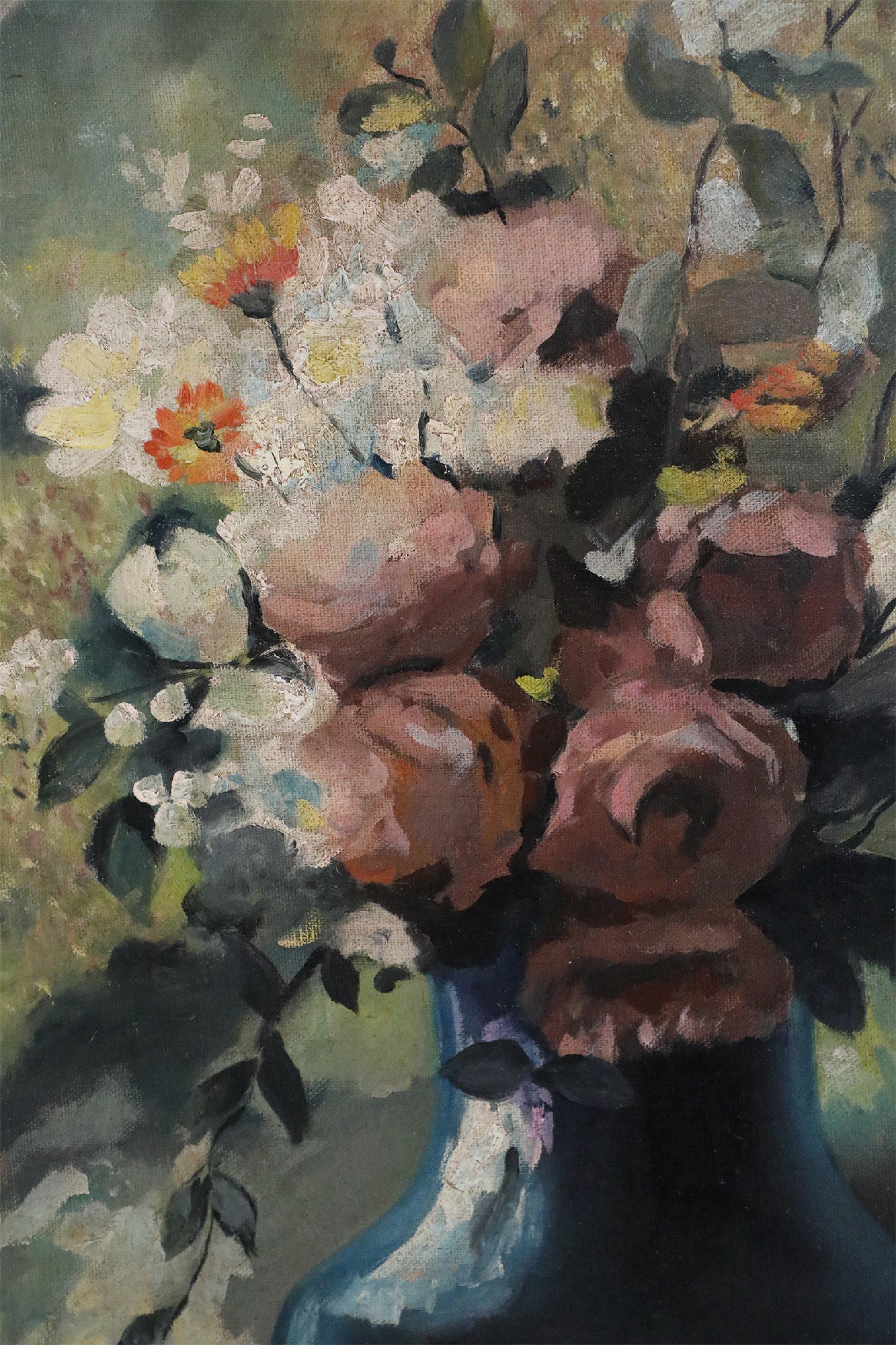 Huilé Nature morte aux fleurs roses et aux pêches sur toile en vente
