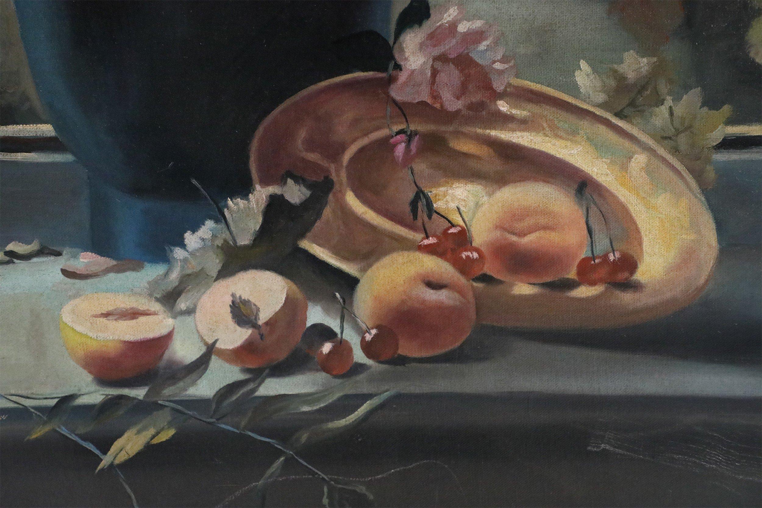 Pink Florals and Peaches Still Life Painting on Canvas In Good Condition For Sale In New York, NY