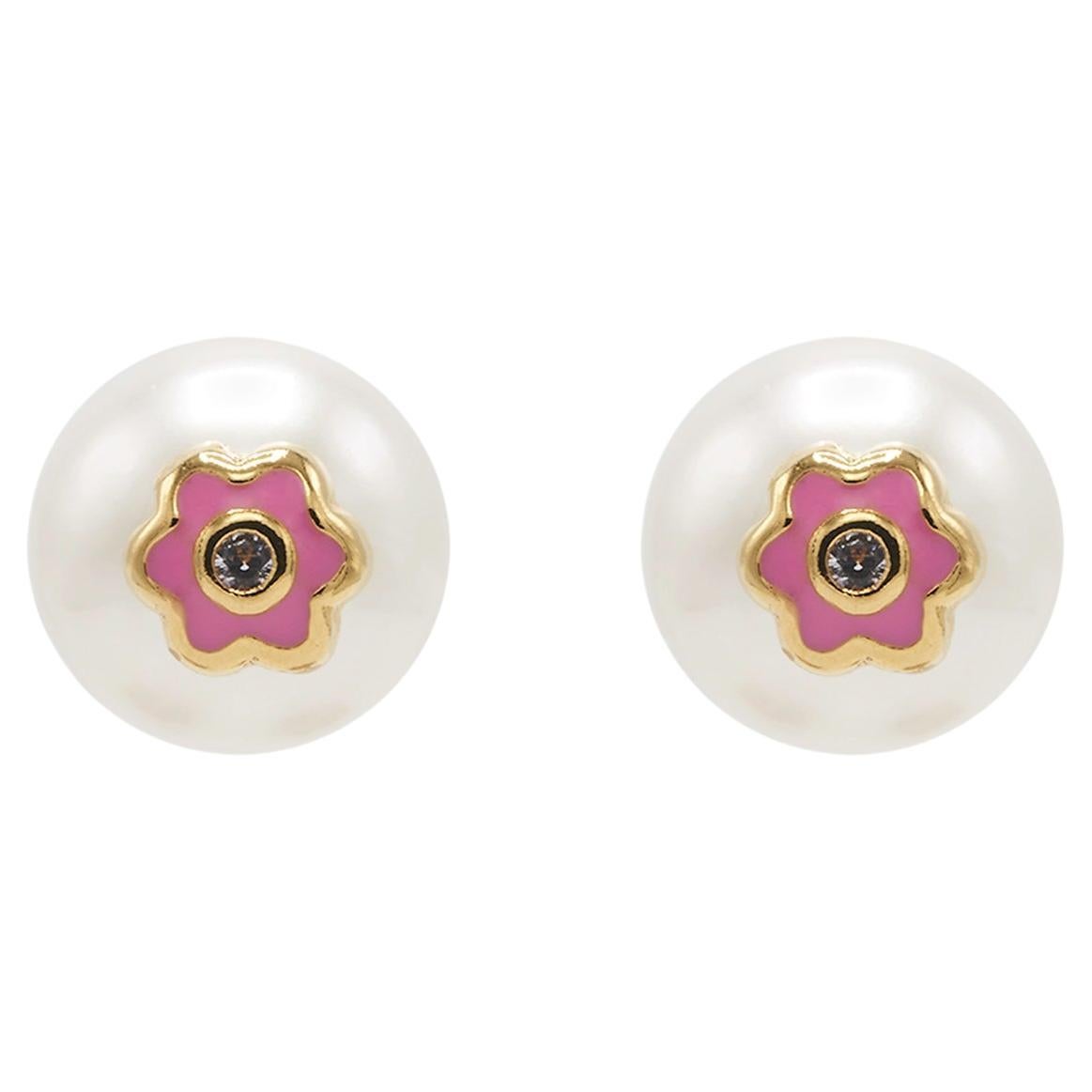 Pink Flower Enamel Pearl Studs