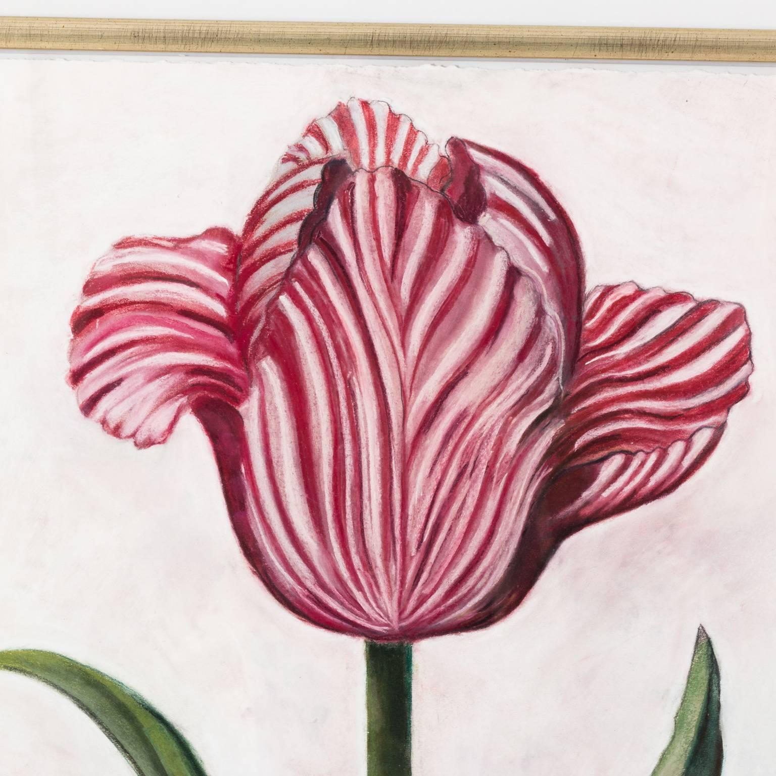 Contemporary pastel illustration of a pink flower on paper. Signed by artist Marianne Stikas.
   