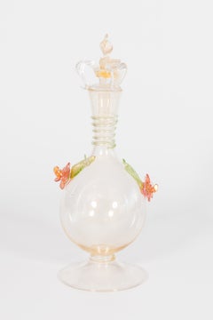 Vaso a forma di duetto di fiori rosa in vetro di Murano trasparente e foglia d'oro Venezia Italia anni '70