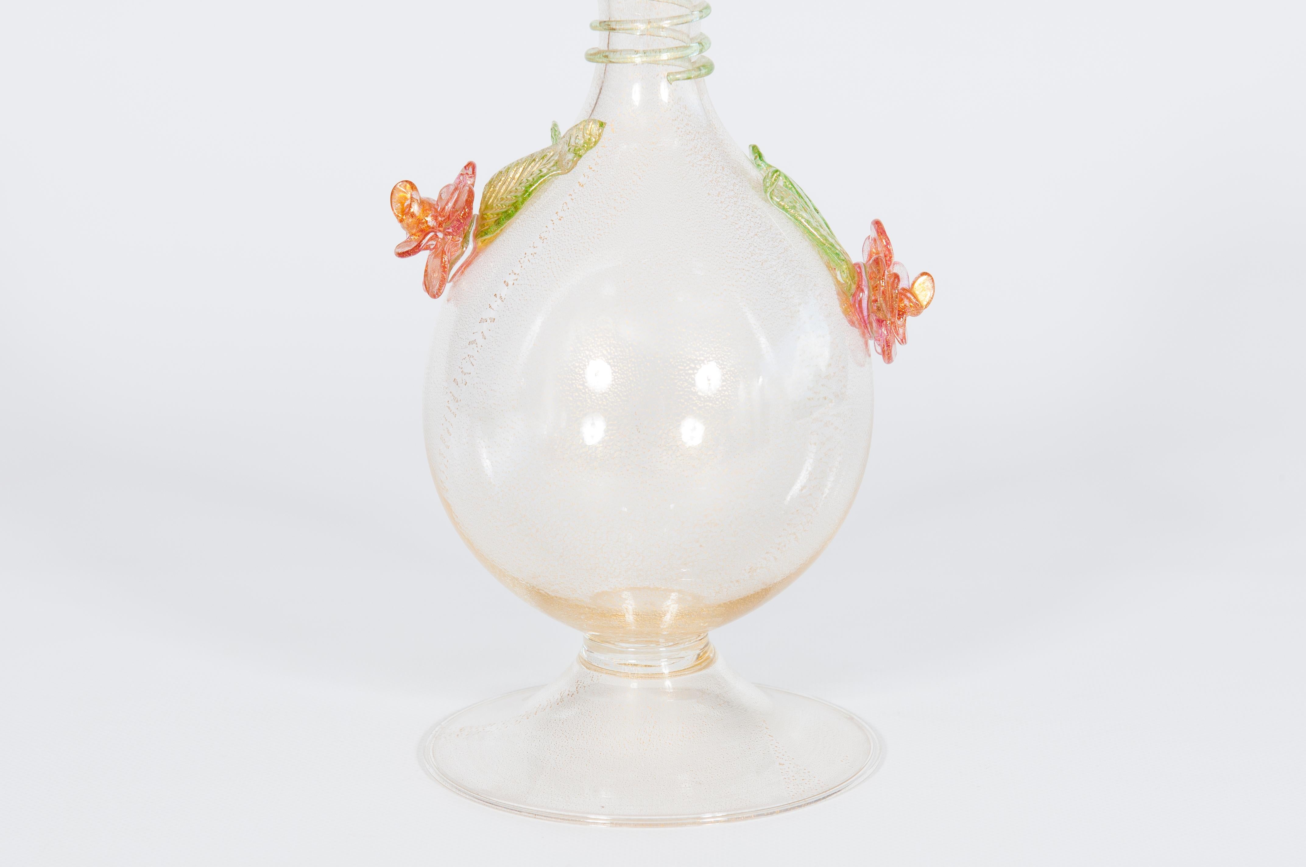 Italian Pink Flowers Duet Vase in Clear Murano Glass and Gold Leaf Venice Italy 1970s For Sale