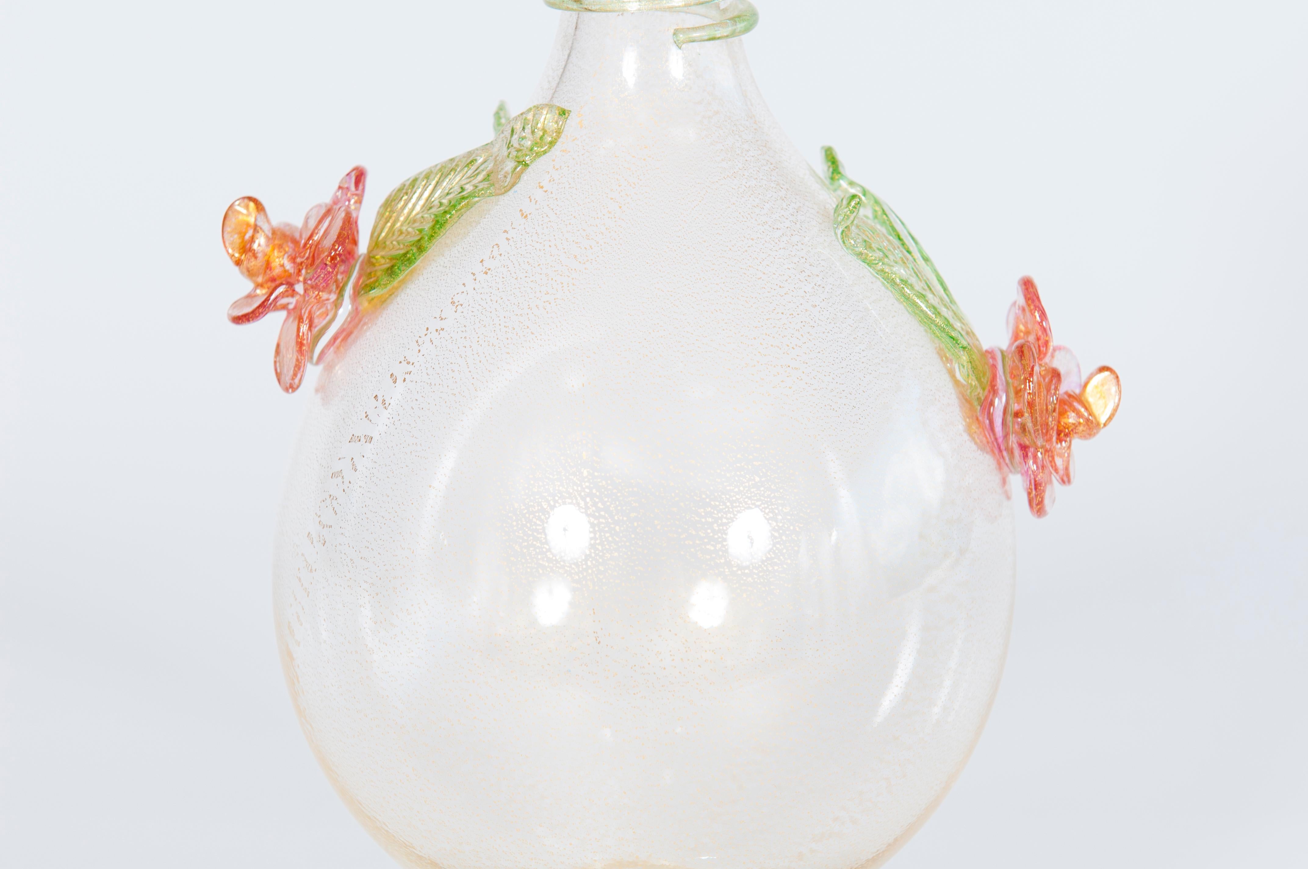 Pink Flowers Duet Vase in Clear Murano Glass and Gold Leaf Venice Italy 1970s For Sale 1