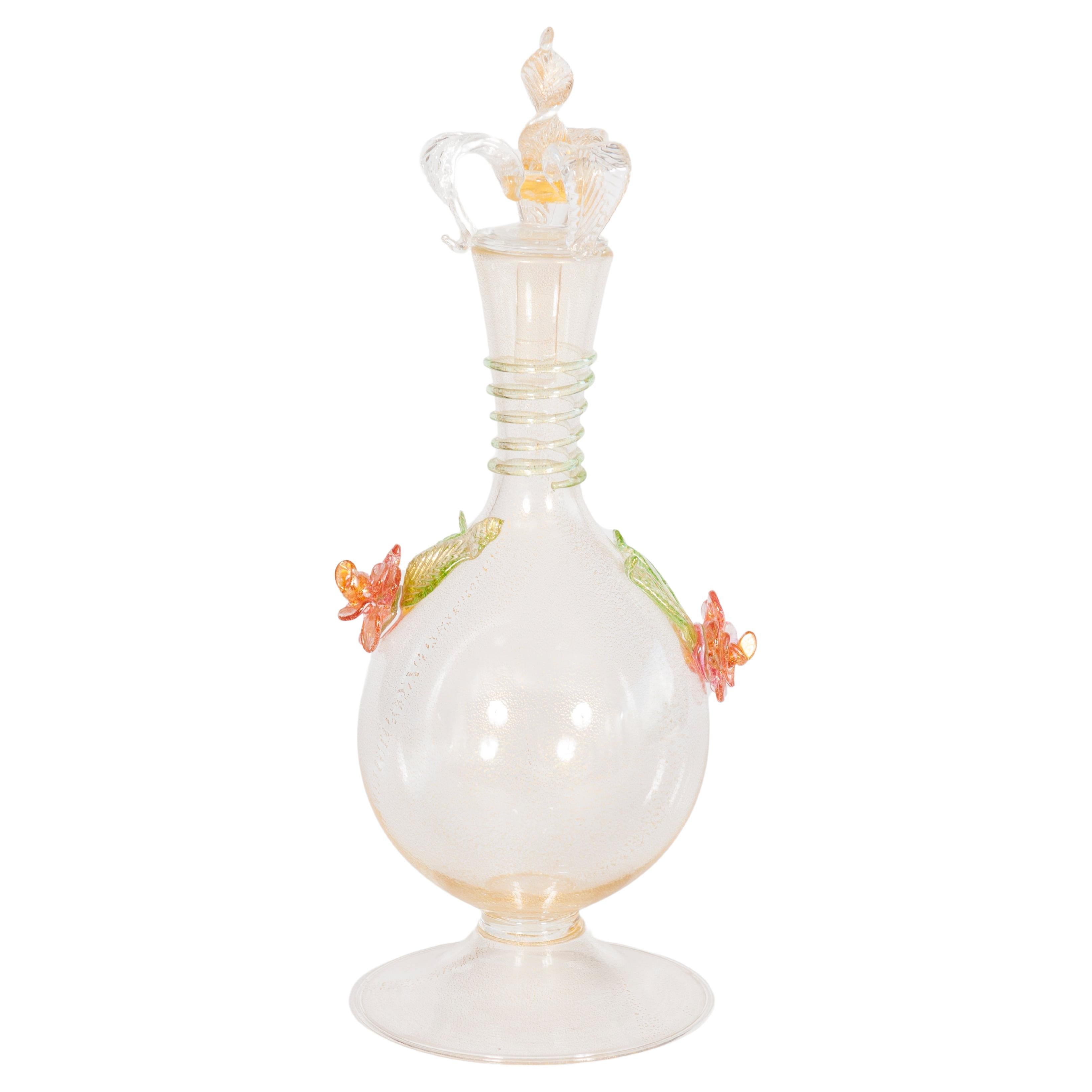 Rosa Blumen Duett Vase aus klarem Murano Glas und Blattgold Venedig Italien 1970er im Angebot