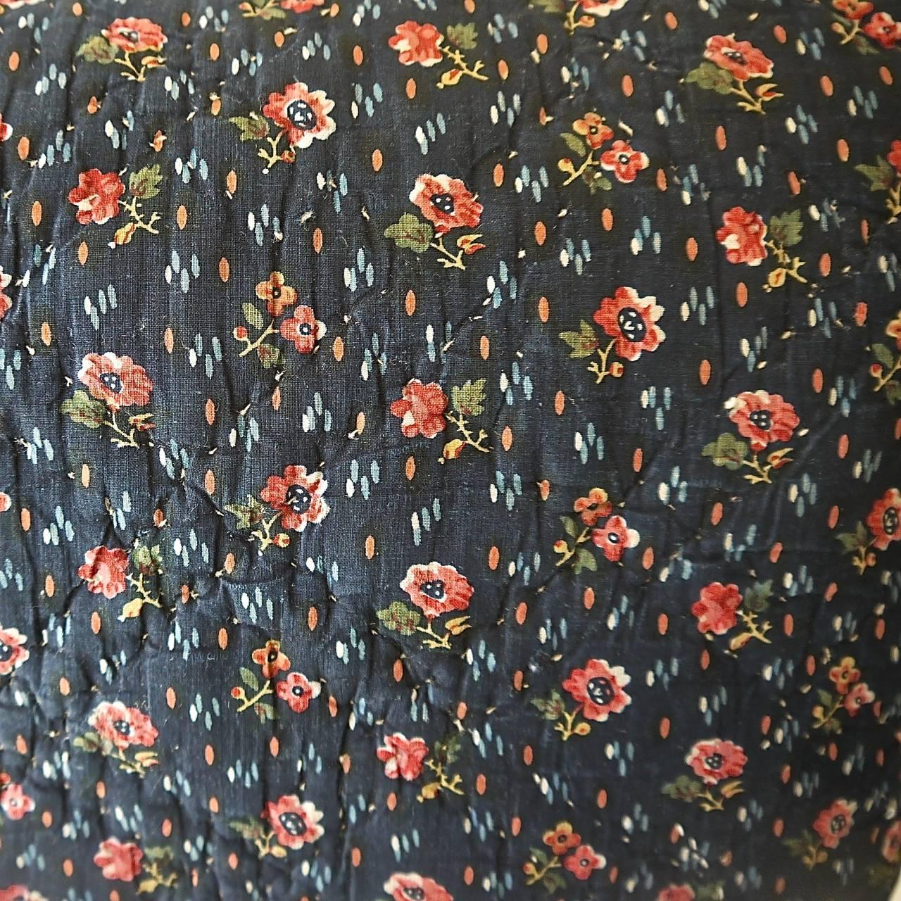 French Provincial Pink Flowers Indigo Block Printed Cotton Pillow French Antique