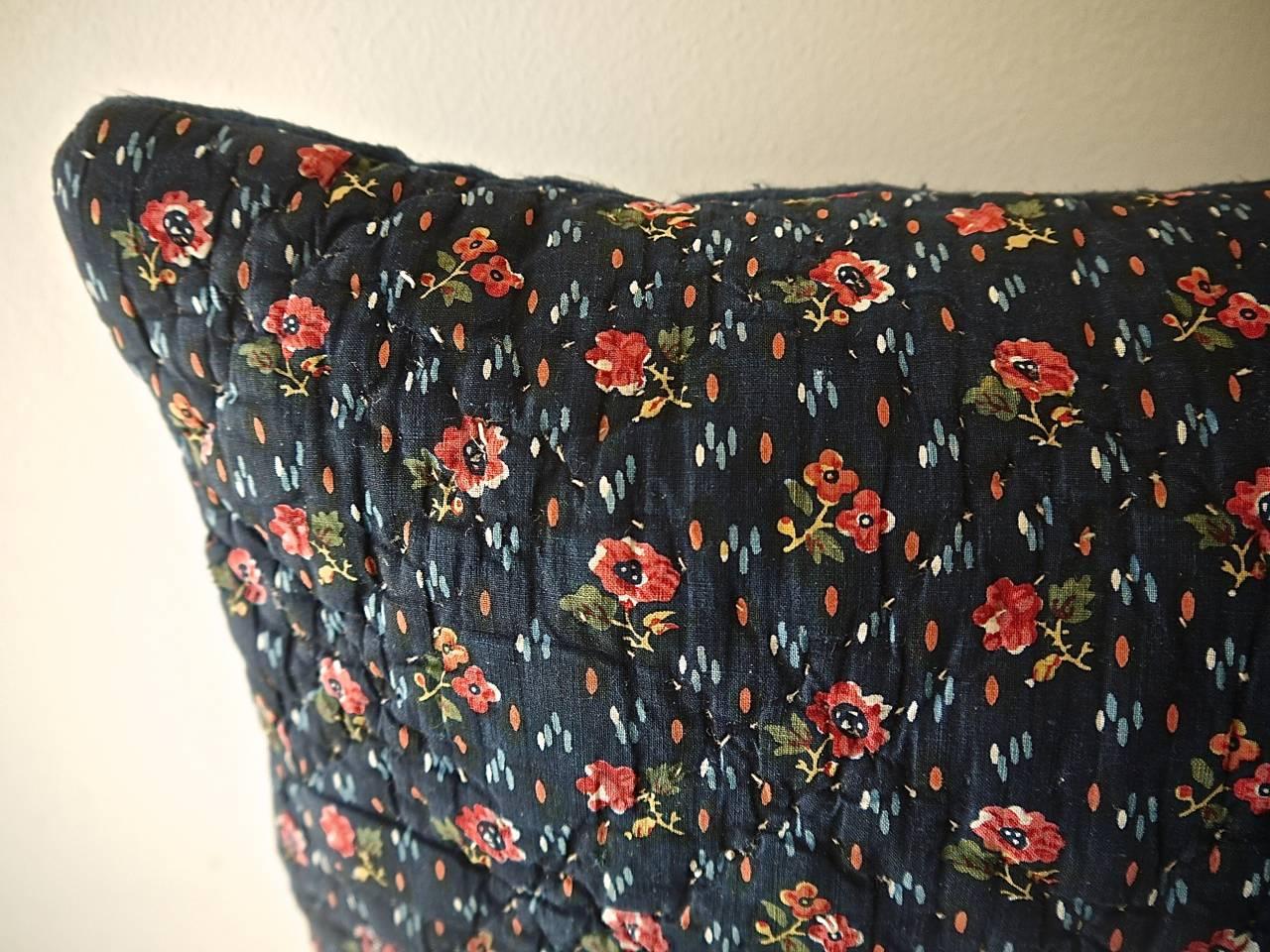 Quilted Pink Flowers Indigo Block Printed Cotton Pillow French Antique